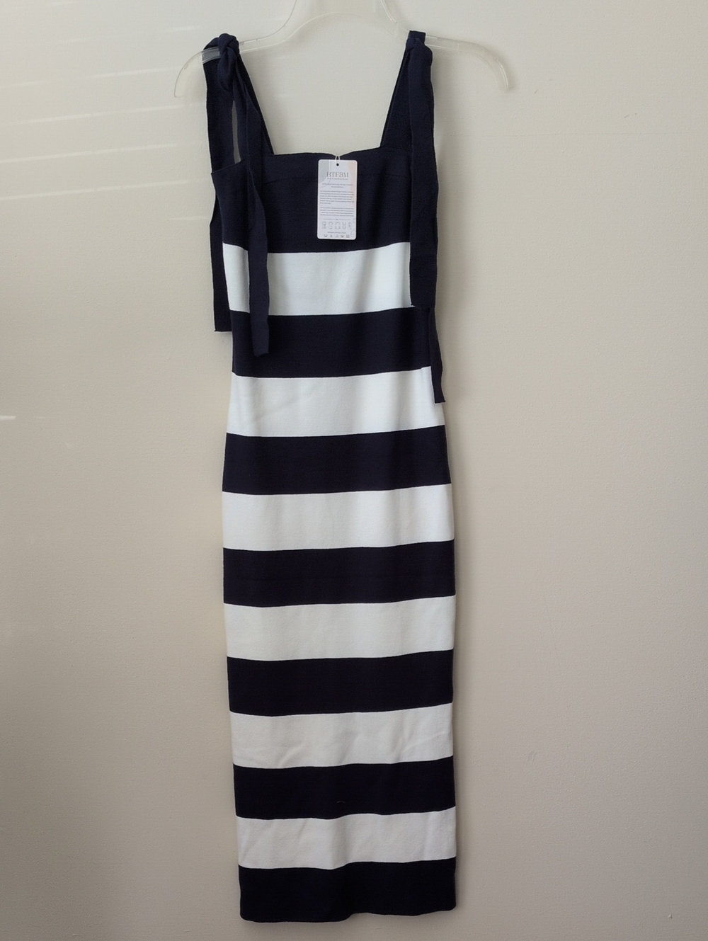 Striped Tie-Shoulder Midi Dress in Navy and White